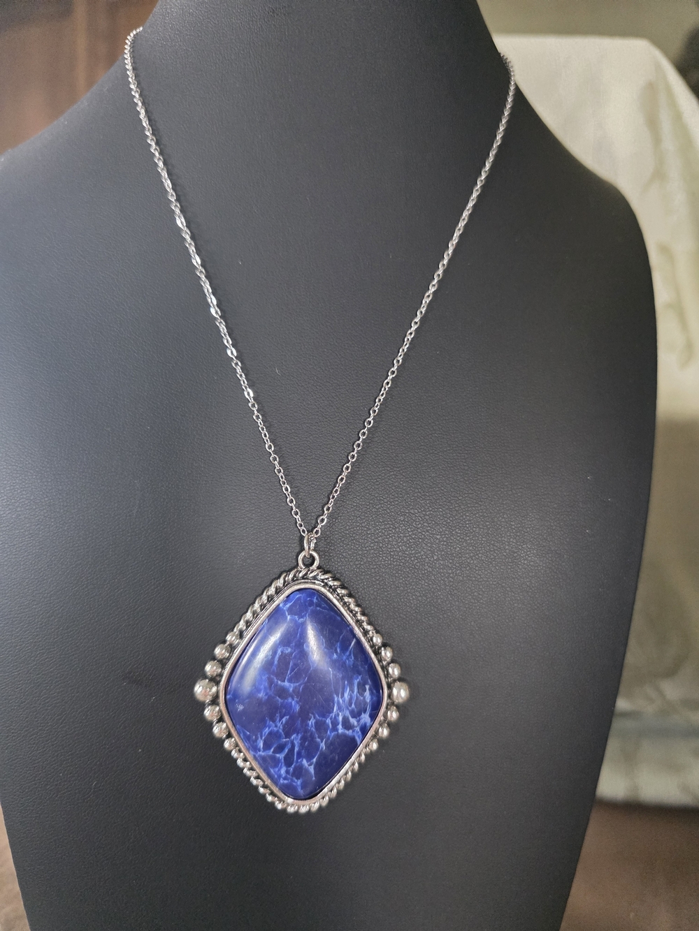 #236 Handcrafted Silver Pendant Necklace with Deep Blue Stone